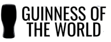 Black silhouette of a pint glass next to bold text reading "Guinness of the World" on a light background.